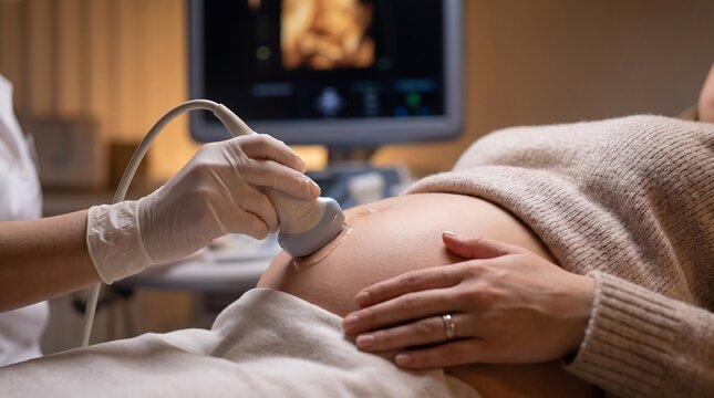 Pregnant woman having a medical ultrasound scan with a doctor in a clinic