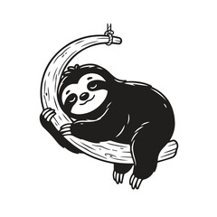 Naklejka premium Cute sleeping sloth hanging on a wooden crescent moon branch graphic