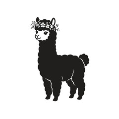 Naklejka premium Cute alpaca wearing a floral crown graphic vector illustration with flower crown