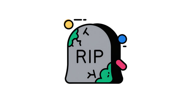 Pixel art style tombstone icon with rip text and decorative colorful floating shapes for retro video game design