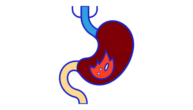 Human stomach icon with a fire symbol representing acid reflux and heartburn health issues in a simple flat vector style