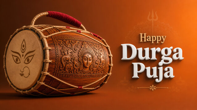 Traditional indian dhak drum with goddess durga face carving for happy durga generated using ai