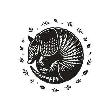 Black and white armadillo graphic surrounded by leaves in a circle with wildlife
