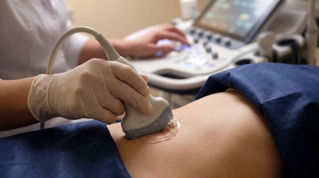 Professional doctor performing a diagnostic ultrasound scan on a patient's abdomen in a modern medical clinic