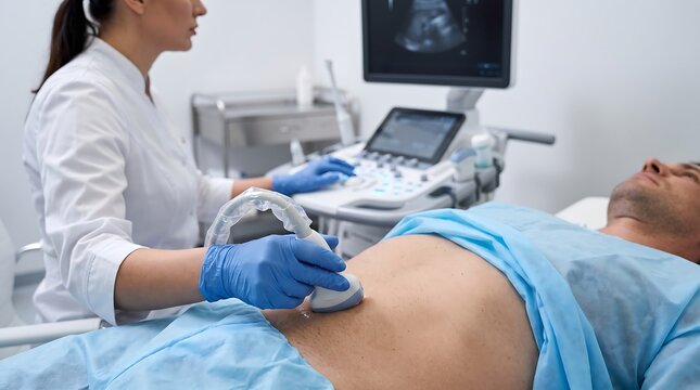 Female Healthcare Professional Performing Abdominal Ultrasound Scan on Male Patient in Clinical Setting