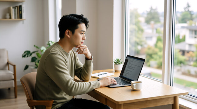 Focused young Asian man vibe coding on laptop at home. AI-assisted software development and programming concept