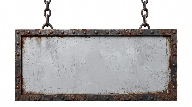 Weathered metallic hanging sign suspended by rusty chains against white background