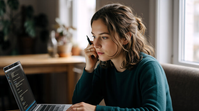 Young woman thinking while vibe coding on laptop at home. AI-assisted software development and programming concept