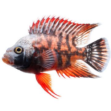 Vibrant tropical cichlid fish isolated on white background.