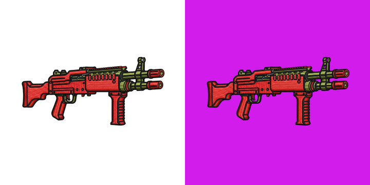Red hand drawn stylized automatic machine gun
