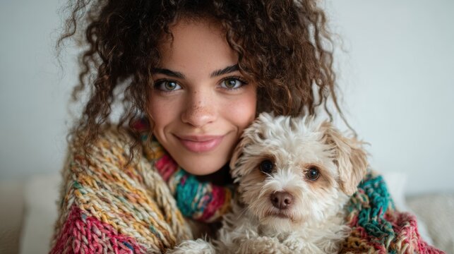 A joyful individual shares a heartwarming moment with a small dog in a cozy home setting, capturing the essence of companionship and unconditional love in a warm embrace.
