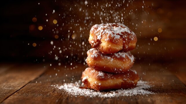 A tempting stack of freshly made donuts dusted with powdered sugar sits on a rustic wooden surface, evoking feelings of indulgence and comfort food bliss.