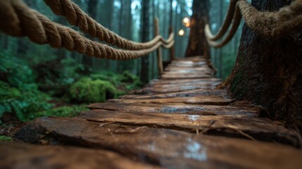 Fototapeta premium A captivating view of a tranquil forest pathway featuring a rustic wooden bridge, inviting exploration amid lush greenery and soft rain, enhancing the serene atmosphere.