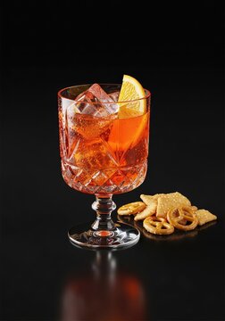 Calice di drink ghiacciato con arancia e cubetti di ghiaccio accanto a snack salati, presentati su un elegante e profondo sfondo nero, still life, glass, beverage