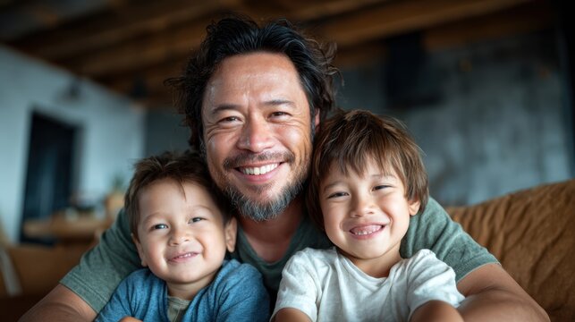 A heartwarming moment captured showing a smiling father and his two young sons posing together indoors, exuding happiness and familial love in the scene.