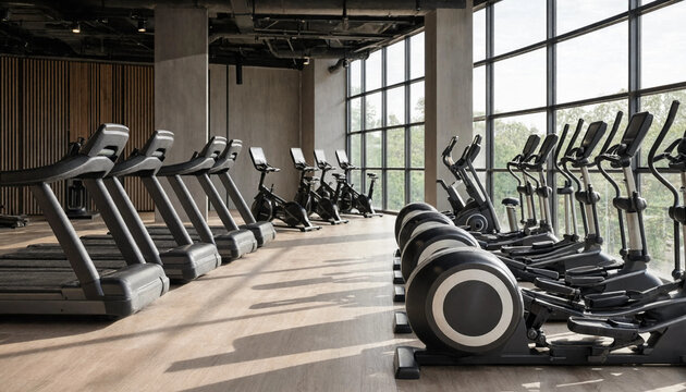 Spacious modern fitness center interior featuring treadmills and elliptical cross trainers elliptical machine gym interior workout equipment fitness club health club cardio machines