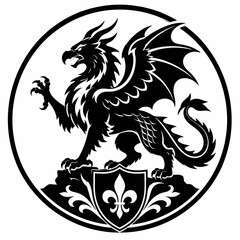 Black griffin emblem featuring a decorative shield with a central heraldic fleur de lis © Helena