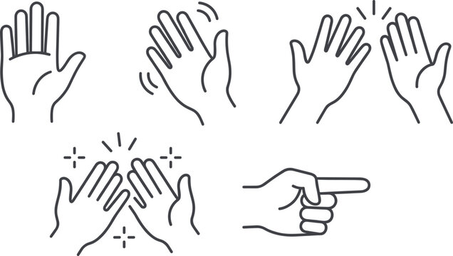 Human Hand Gestures Icon Set Featuring Clapping Waving Pointing and High Five Symbols Line Art Vector