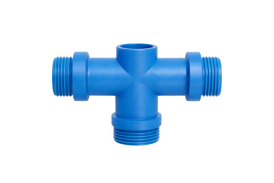 Blue plastic cross pipe fitting isolated on transparent background