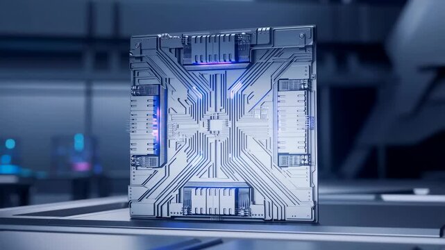 3D animated futuristic microchip rotates with glowing circuits