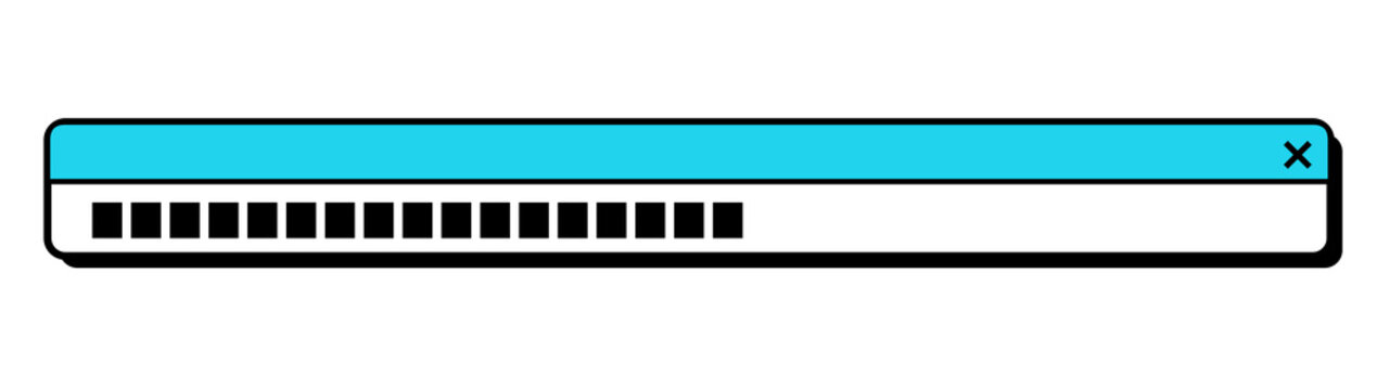 Retro computer loading bar icon with cyan header and black progress squares isolated on transparent background