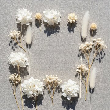 Elegant dried white blooms and botanical stems resting on a neutral linen fabric backdrop, creating a serene and minimalist aesthetic, textile, interior, peaceful