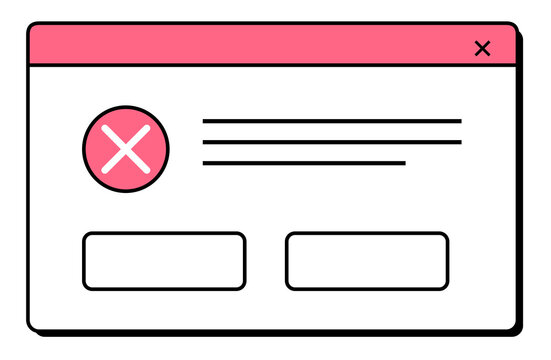 Retro computer error message window with pink header and cross icon isolated on transparent background