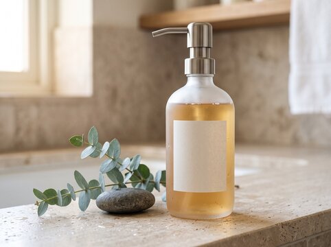 A clear glass bottle of liquid soap with a blank label sits on a stone countertop next to a sprig of eucalyptus and a smooth grey stone