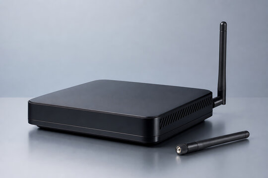 A black wireless network router with a detachable antenna lying on a smooth grey surface with a soft shadow cast by the electronic device