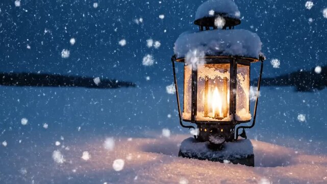 Snowy winter night scene of a lit lantern in the snow with soft falling snowflakes and a lake backdrop