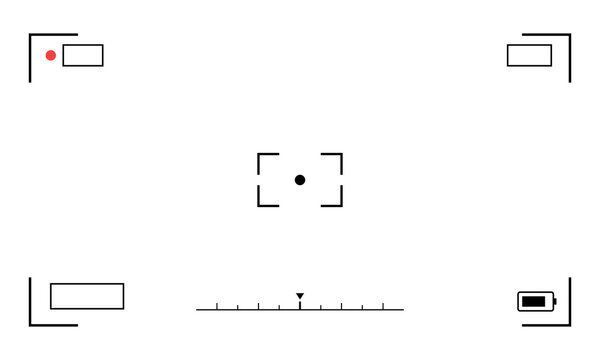 Camera viewfinder overlay with focus frame, recording indicator, and battery icon isolated on transparent background