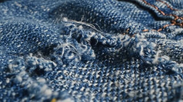 Close up view of distressed denim fabric with frayed edges, highlighting texture, stitching and details