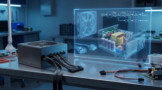 Black computer power supply unit sits beside a luminous holographic digital schematic display showing detailed electrical circuitry components and wiring diagrams in a professional lab