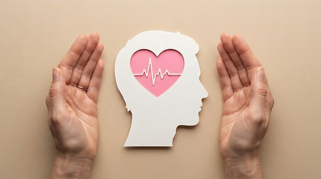 Hands framing a white paper cutout of a human head profile with a pink heart and white ekg heartbeat line symbol on a beige background