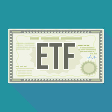 ETF exchange traded fund share certificate on teal background representing stock market index investing, diversified portfolio assets, and financial equity growth