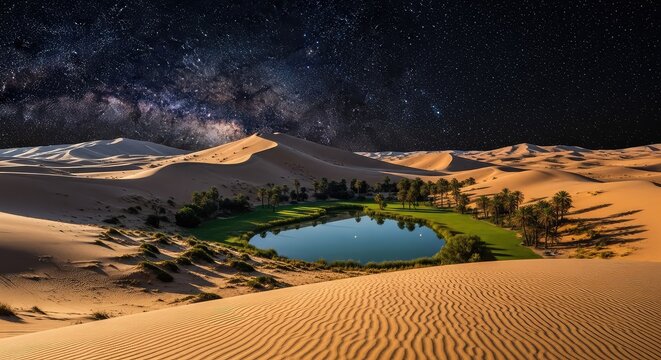 Majestic rolling sand dunes glow under a vast starry sky at night, featuring a lush green oasis with a calm reflecting pool of water, sky, wilderness, dreamlike