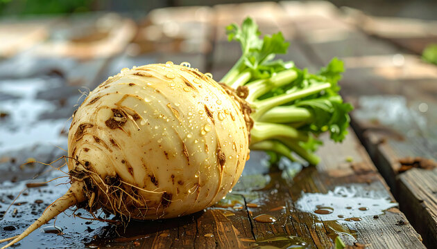A fresh celeriac root vegetable with green leafy stalks sits on a wet, weathered wooden table surface with water droplets in sunlight