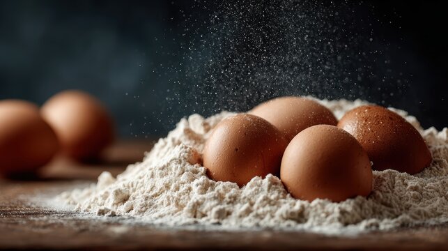 An inviting composition of baking essentials featuring eggs nestled in a mound of flour, capturing the essence of home baking and the joy of creating delicious treats.