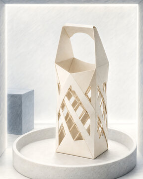 A geometric paper lantern or decorative container with a lattice pattern sitting on a circular stone tray in a bright minimalist setting