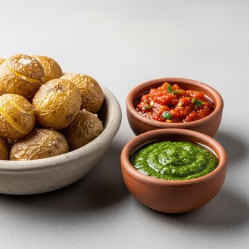 Small salted wrinkled potatoes served alongside colorful spicy red and herbal green dipping sauces in authentic rustic clay pottery, organic, spicy, dip