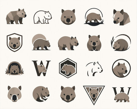 Set of minimalist wombat icons and silhouettes, simple wombat symbol collection in flat design