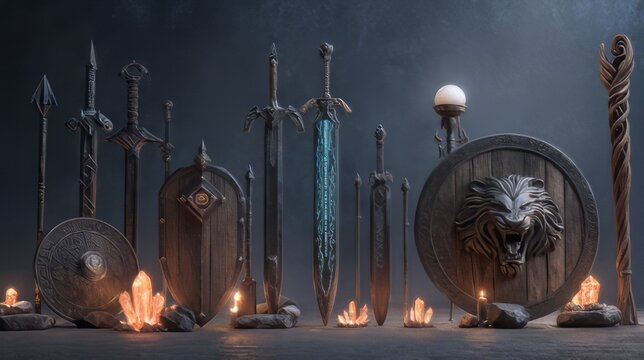 3D fantasy Nordic weapons and shields, including swords, a dagger, round wooden shields, glowing crystal staves, and staffs game asset. 