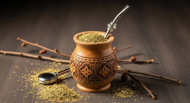 Traditional yerba mate tea served in a carved wooden gourd with a silver bombilla on a dark timber surface with loose leaf tea scattered, natural, bombilla, cup