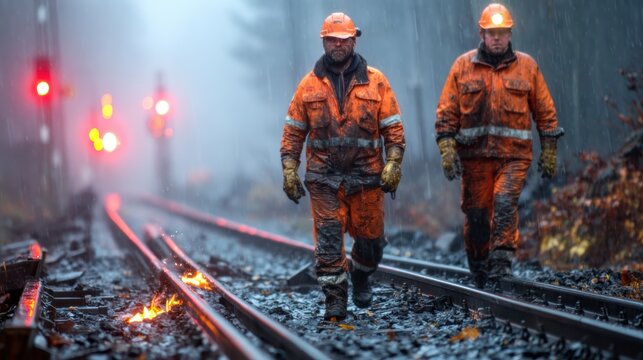 Two railway workers dressed in orange gear walk along the tracks in the rain, showcasing the determination and resilience required in tough working conditions.
