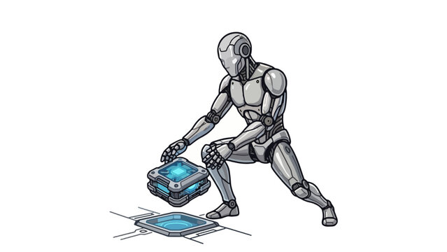  Robot humanoid inserting a glowing blue power core into a floor panel logo isolated on transparent background abstract vector illustration 