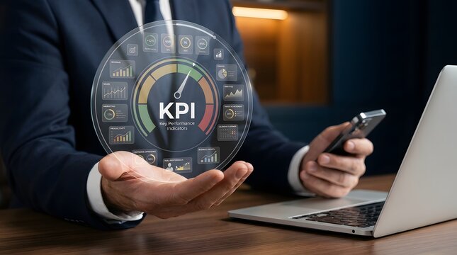 Key performance indicators dashboard with radial gauge and charts illustration