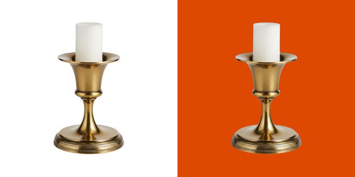 Classic metal brass candlestick holder with white wax candle transparent png