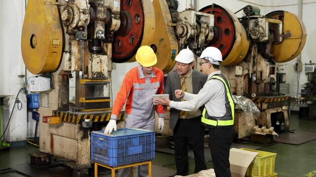 Audit tablet stays open on the factory floor between three men reviewing the morning output before the power presses