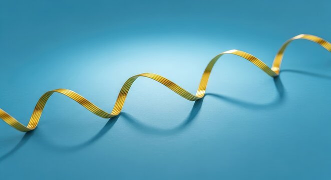 A detailed close up of a single golden fiber spiraling over a vibrant azure surface, highlighting a minimalist and clean aesthetic style, background, strand, cobalt