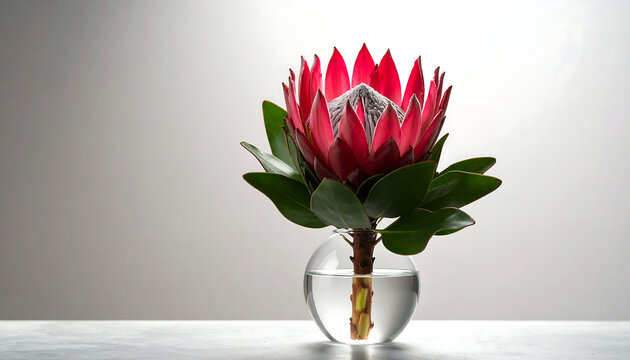 A single vibrant red protea flower with green leaves in a clear glass spherical vase on a white surface against a light gray background
